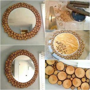 Miroir Cadre orné de disques en bois